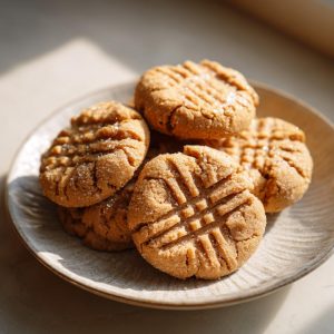 A plate of freshly baked 3-ingredient peanut butter cookies, showing their characteristic fork-pressed pattern and sugar coating.