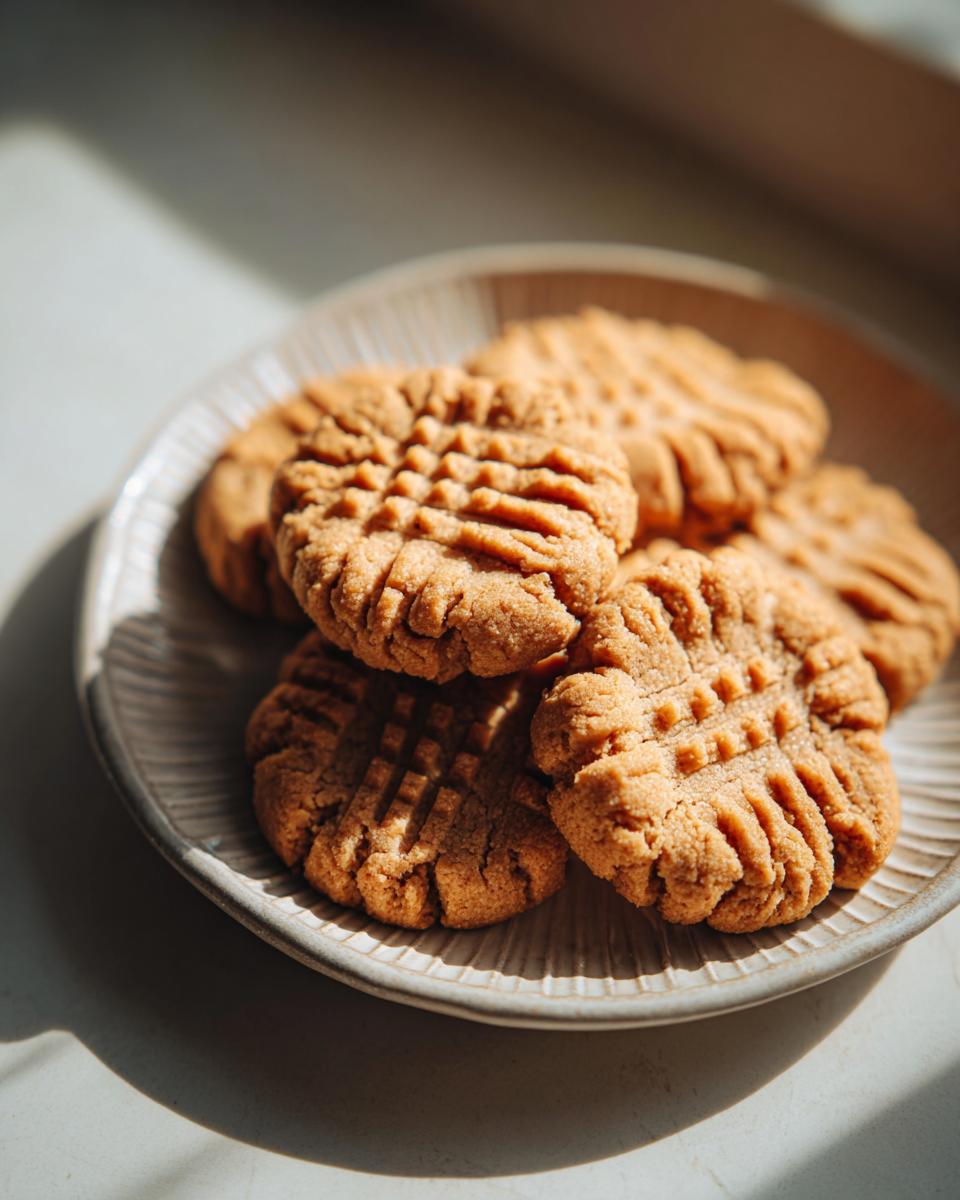 A plate of freshly baked 3-ingredient peanut butter cookies, showcasing their classic fork-pressed pattern.
