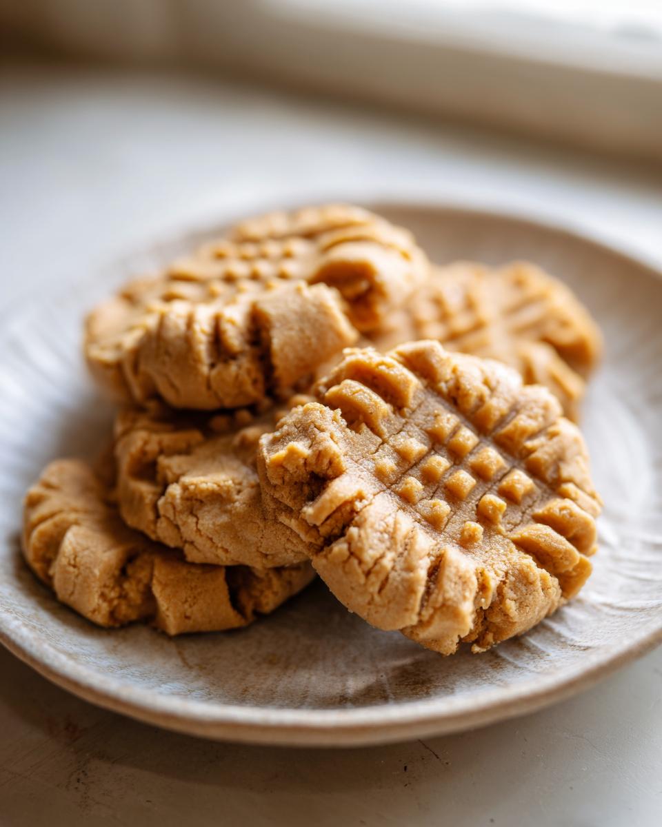 A small plate of freshly baked 3-ingredient peanut butter cookies, showcasing their classic criss-cross pattern.