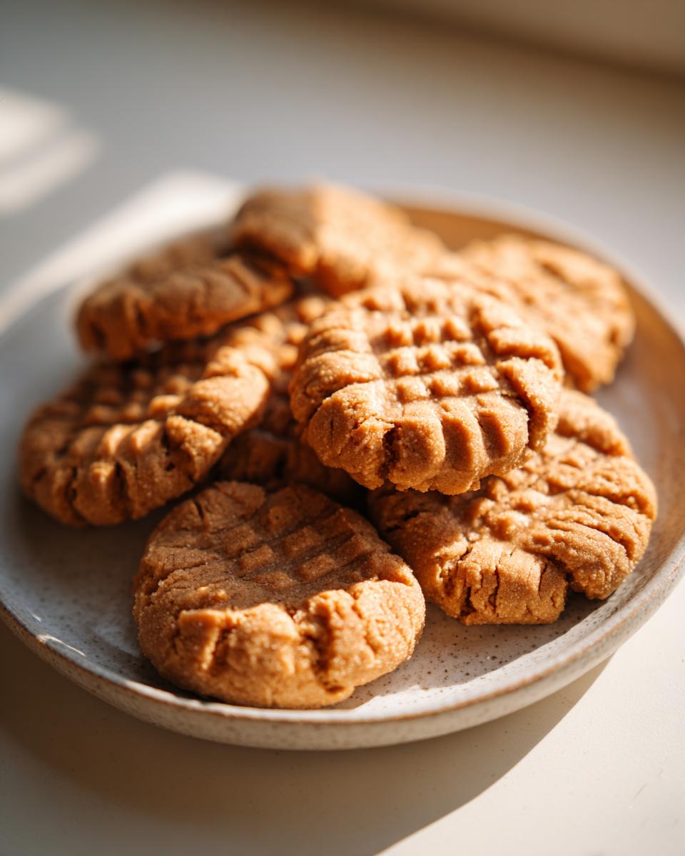 A plate of freshly baked 3-ingredient peanut butter cookies, displaying their classic fork-pressed pattern.