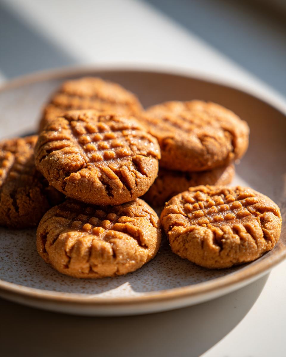 A stack of freshly baked 3-ingredient peanut butter cookies on a speckled plate, ready to eat.