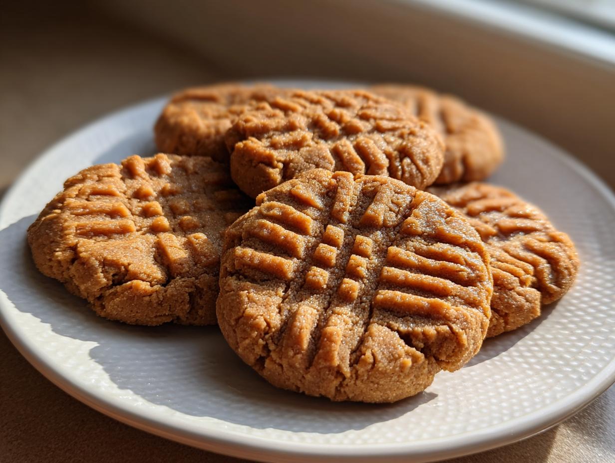 A plate of freshly baked 3-ingredient peanut butter cookies, golden brown and textured.