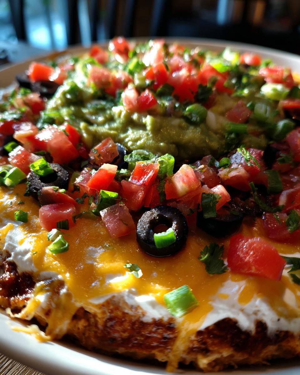 A close-up view of a delicious 7 layer taco dip, featuring layers of guacamole, diced tomatoes, black olives, and melted cheese.