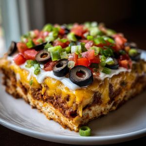 A close-up of a slice of 7 layer taco dip, showcasing layers of meat, cheese, sour cream, tomatoes, olives, and green onions.