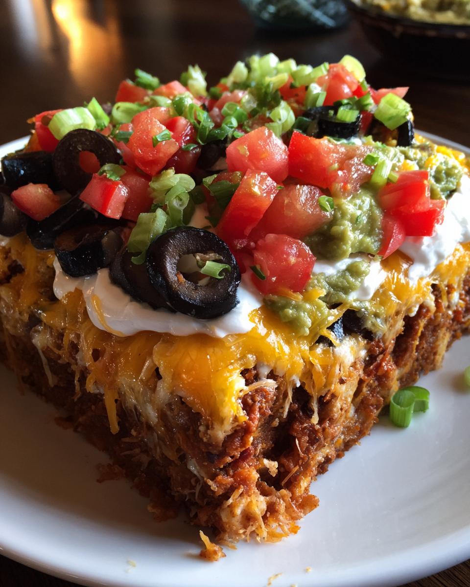 A close-up of a slice of 7 layer taco dip, topped with tomatoes, olives, guacamole, and sour cream.