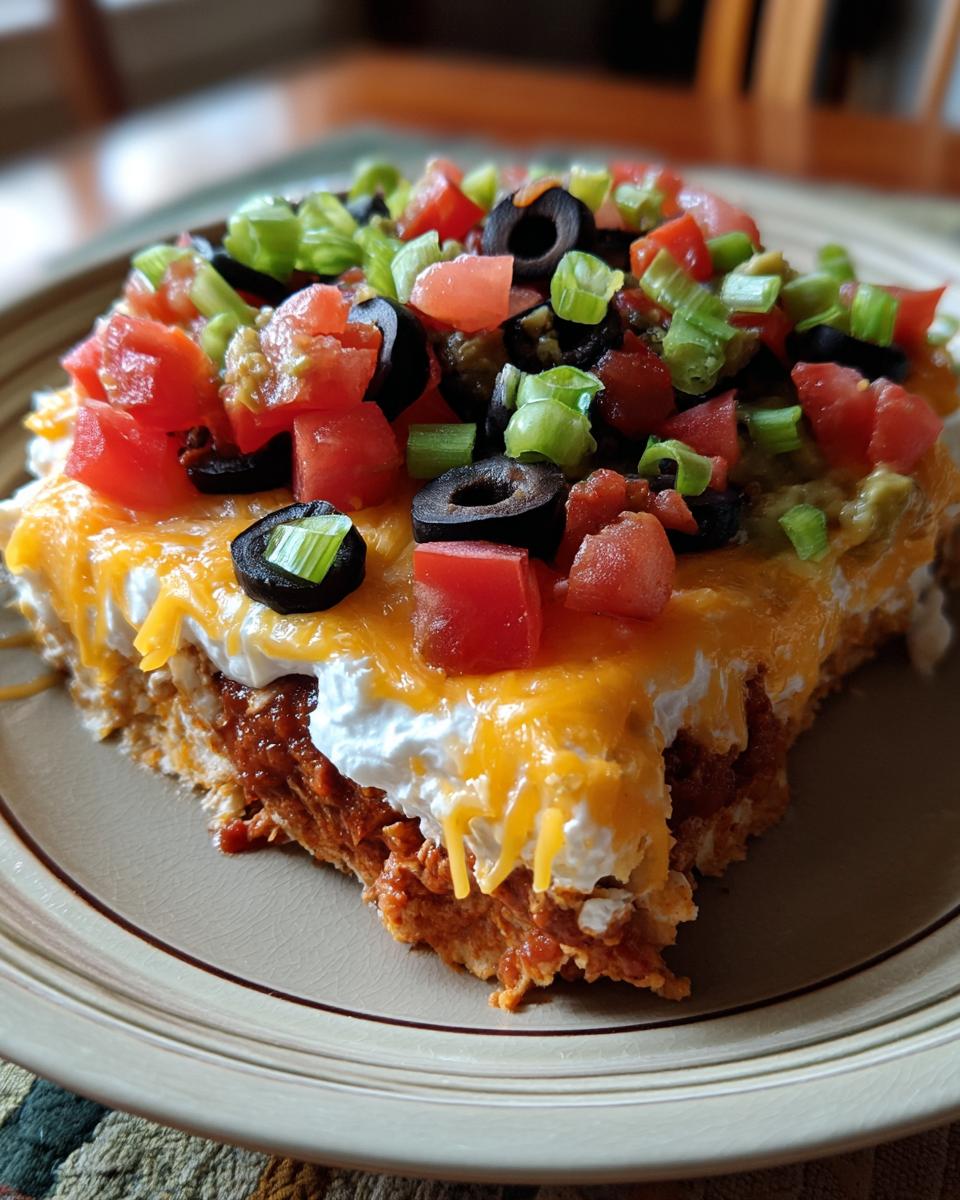 A slice of 7 layer taco dip on a plate, topped with tomatoes, olives, green onions, and cheese.