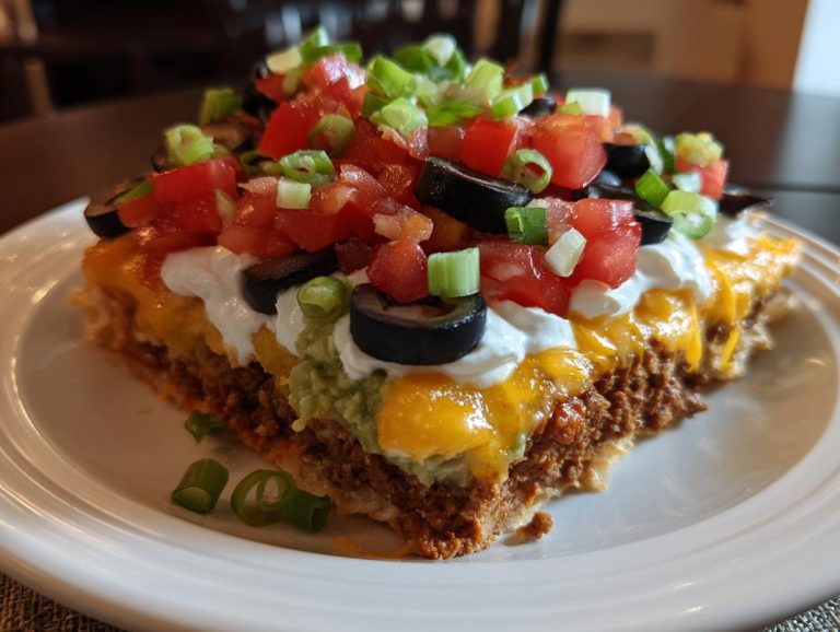 A close-up view of a slice of 7 layer taco dip on a white plate, showcasing all seven layers of ingredients.