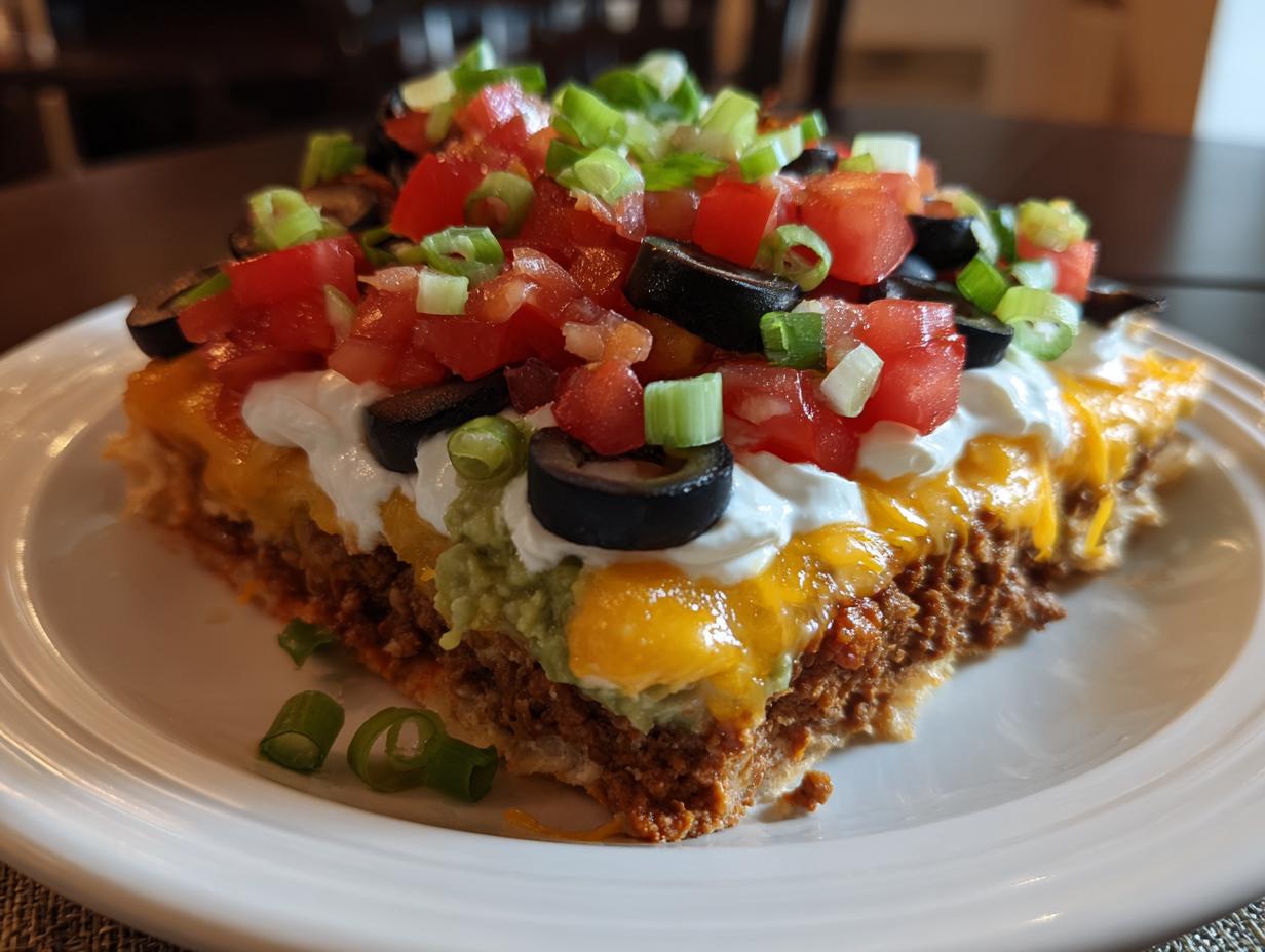 A close-up view of a slice of 7 layer taco dip on a white plate, showcasing all seven layers of ingredients.
