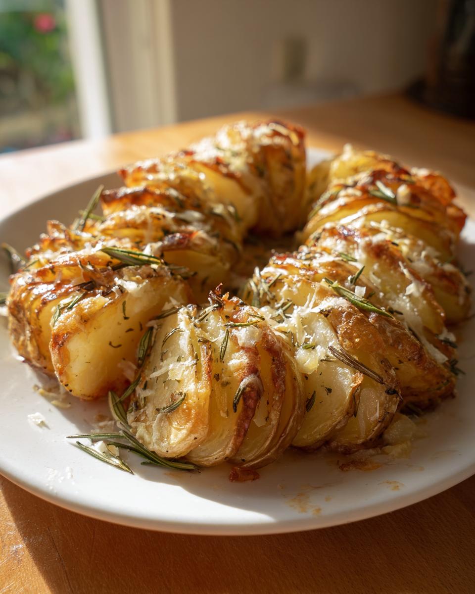 Close-up of baked accordion potatoes garnished with rosemary and parmesan cheese.