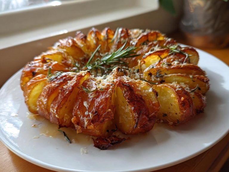 Golden brown accordion potatoes arranged in a circle on a white plate, garnished with fresh rosemary.