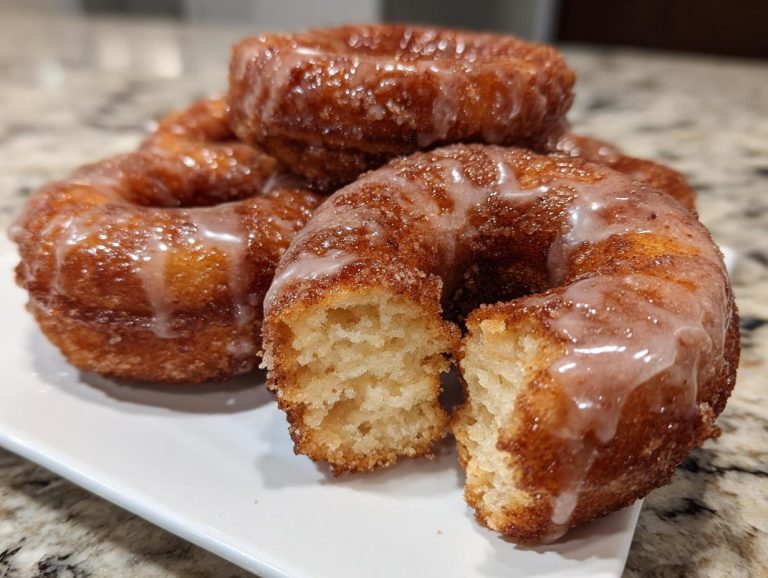 Close-up of air fryer biscuit donuts with a shiny glaze and a bite taken out of one.