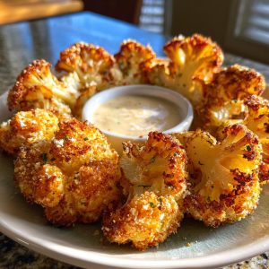 Crispy air fryer blooming onion served with a creamy dipping sauce on a plate.