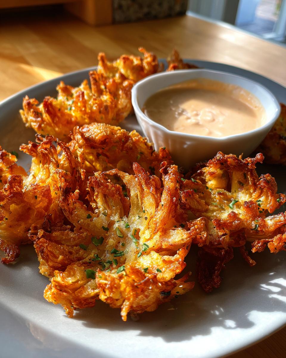 Crispy air fryer blooming onion served with a creamy dipping sauce on a plate.