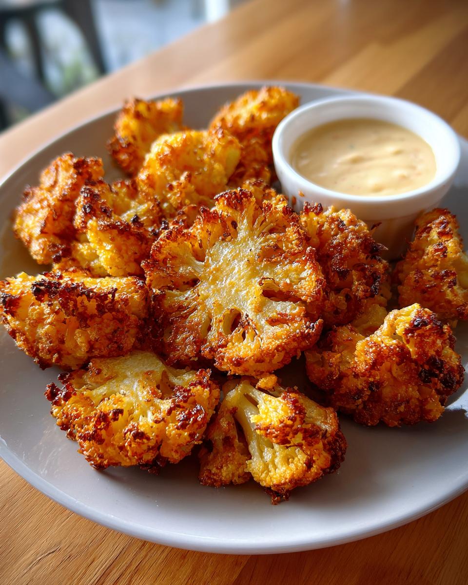 Crispy air fryer blooming onion made with cauliflower florets, served with a creamy dipping sauce.