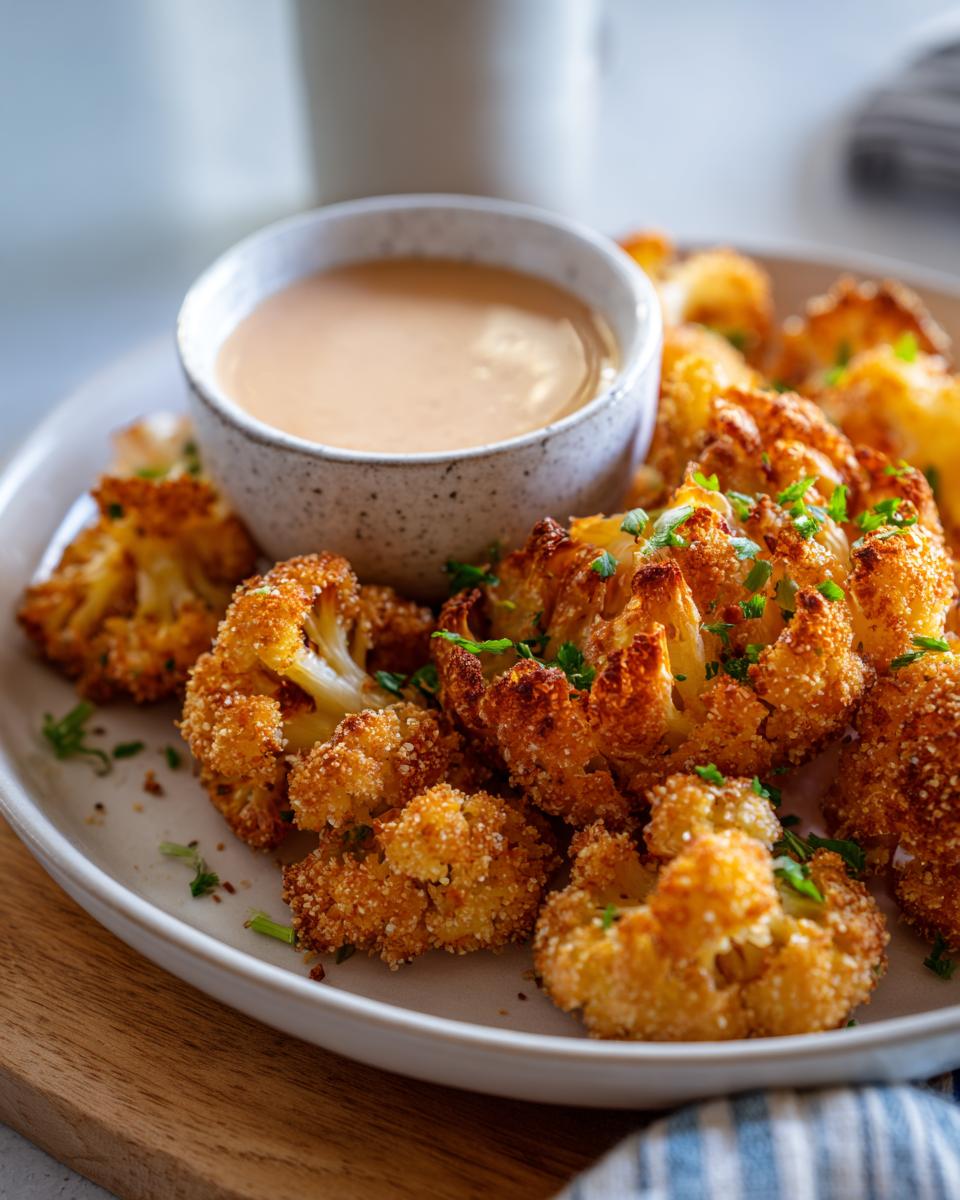 Close-up of air fryer blooming onion florets on a plate with dipping sauce, garnished with herbs.