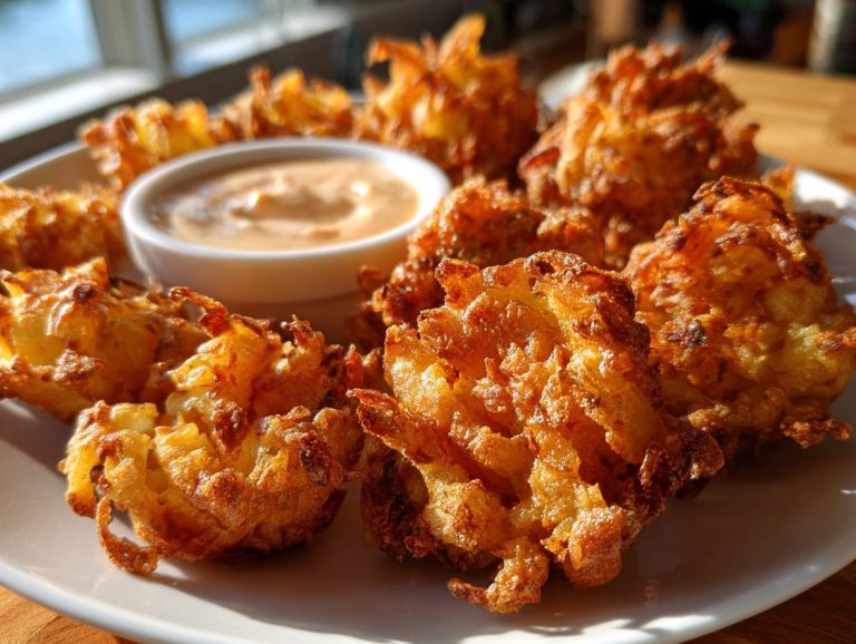 Golden brown air fryer blooming onion pieces served on a plate with dipping sauce.