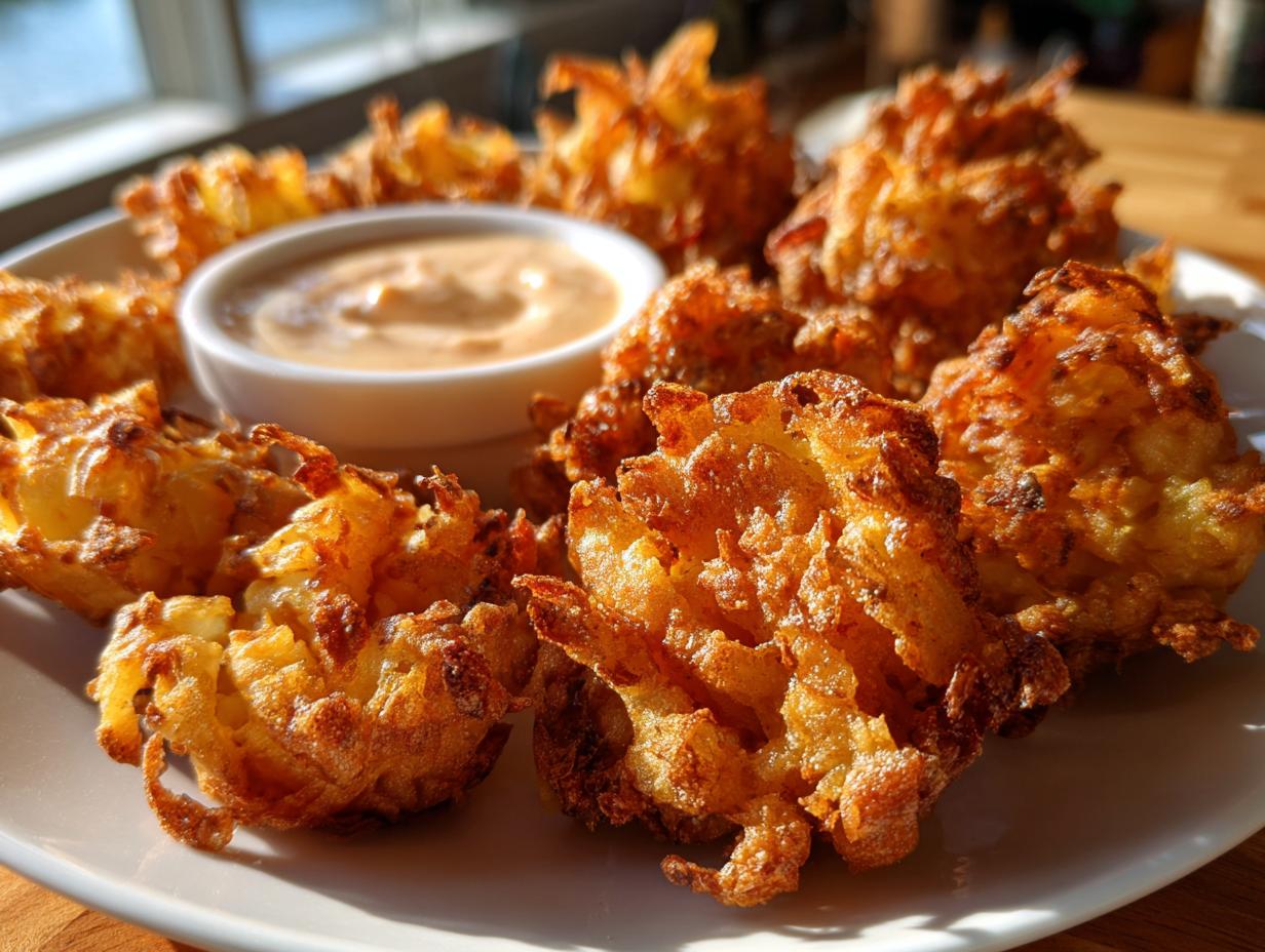 Golden brown air fryer blooming onion pieces served on a plate with dipping sauce.