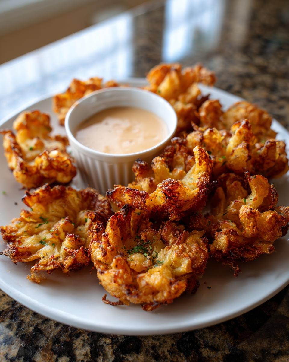 A plate of golden brown air fryer blooming onion with a creamy dipping sauce in the center.
