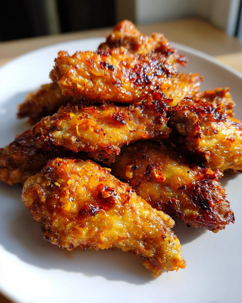 A close-up shot of a pile of crispy air fryer garlic parmesan wings on a white plate.