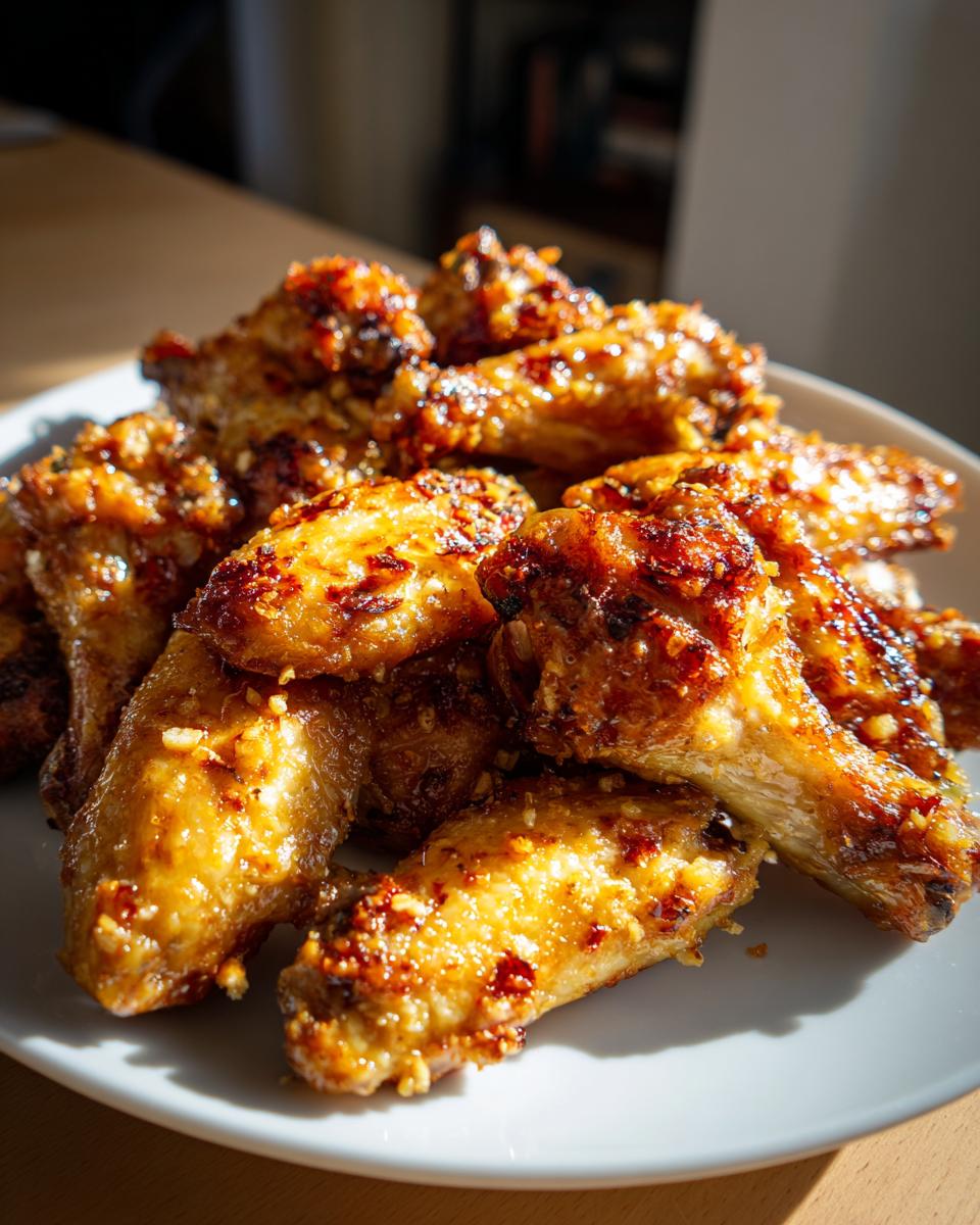 A plate full of crispy air fryer garlic parmesan wings, glistening with sauce and sprinkled with garlic.