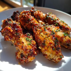 Close-up of crispy Air Fryer Garlic Parmesan Wings seasoned with herbs on a white plate.