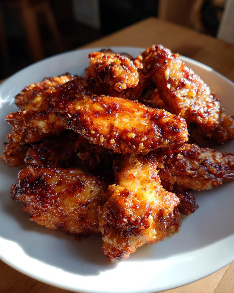 A close-up shot of a pile of crispy Air Fryer Garlic Parmesan Wings on a white plate.
