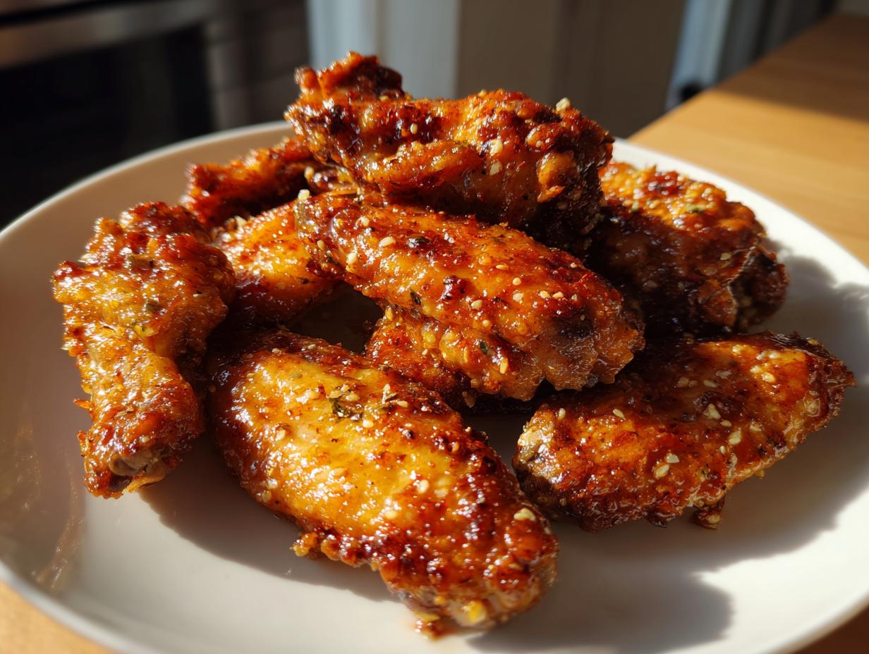 A plate of crispy air fryer garlic parmesan wings, glistening with sauce and sprinkled with sesame seeds.