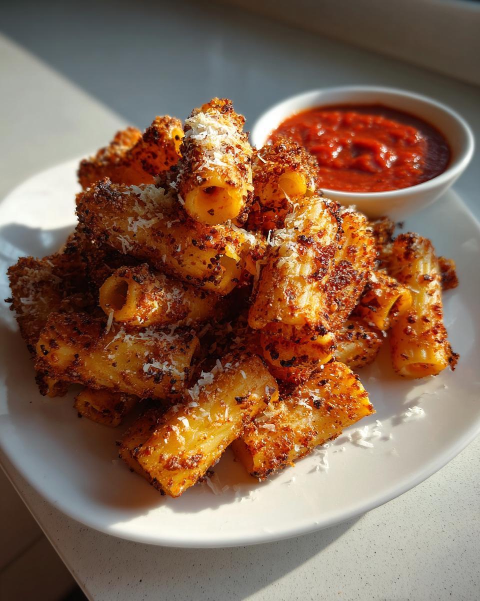 A pile of golden brown Pasta Chips on a white plate, served with a side of marinara sauce.