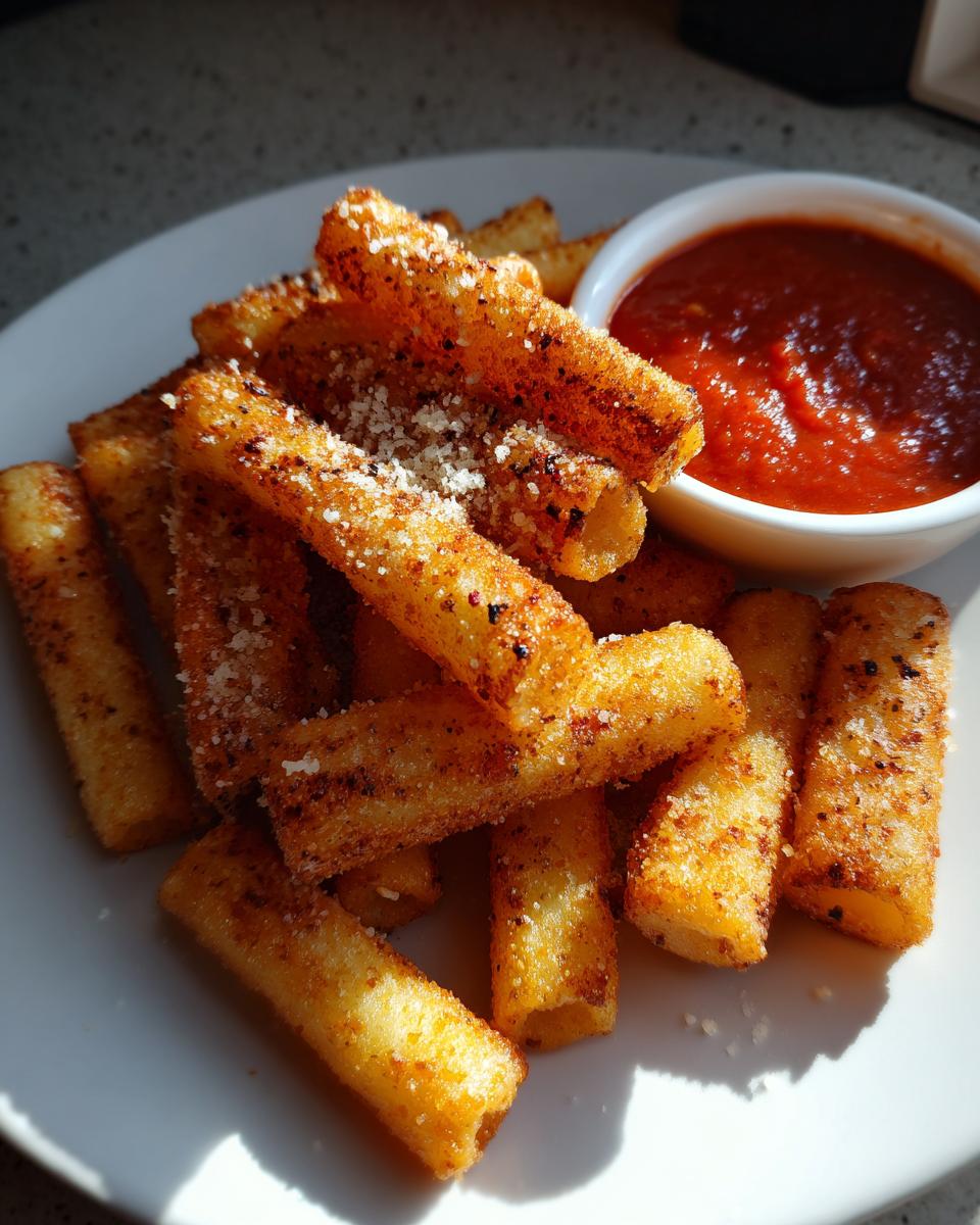 A plate of golden brown Pasta Chips served with a side of marinara sauce for dipping.