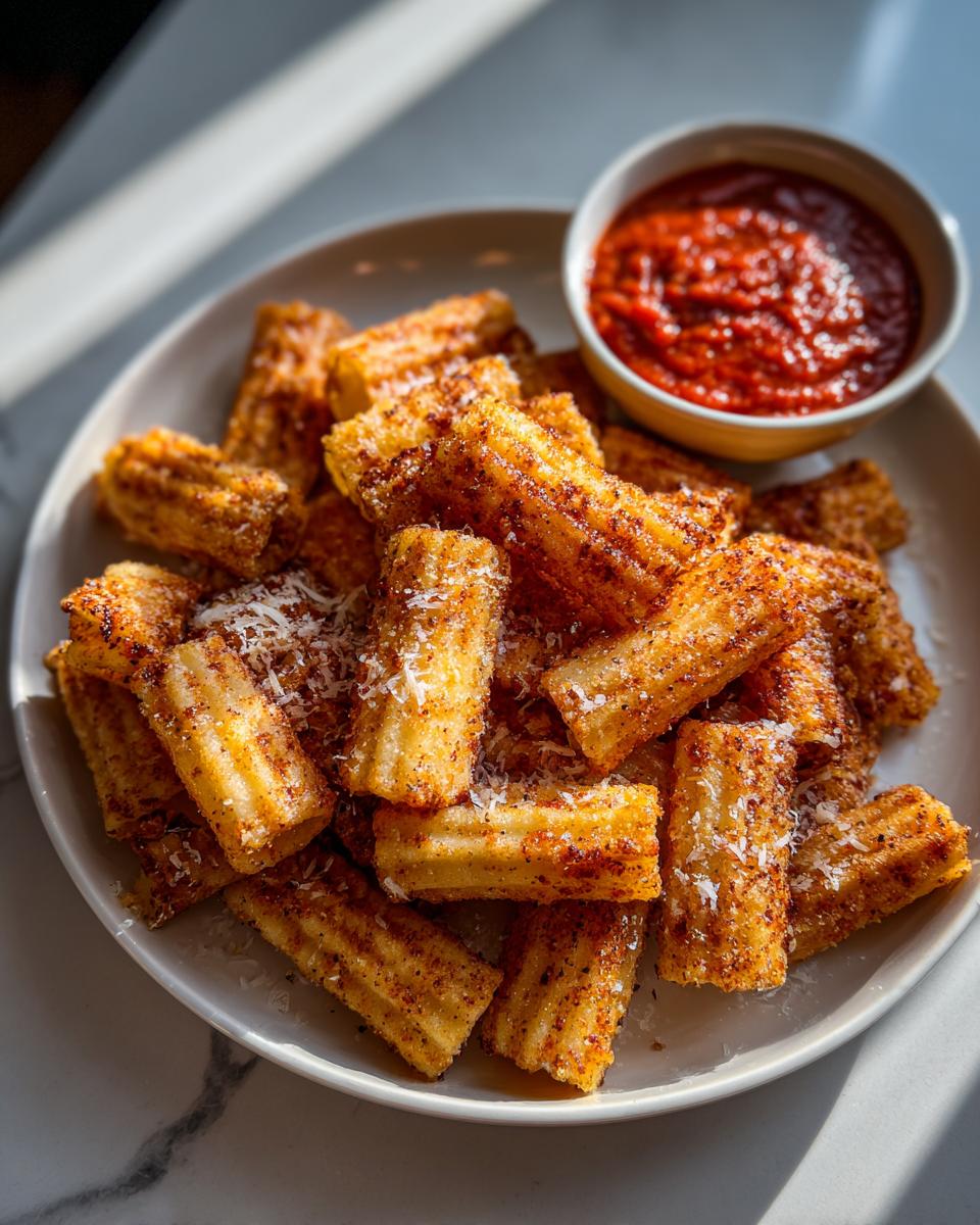 A plate of golden brown Pasta Chips, air fried and seasoned, served with a bowl of marinara sauce.
