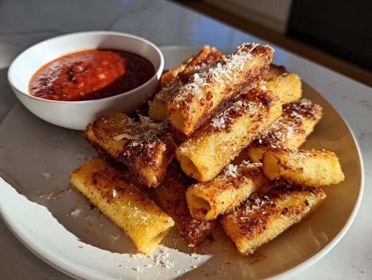 Golden brown Pasta Chips, air-fried and sprinkled with cheese, served with marinara sauce.