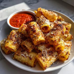 A plate of golden brown Pasta Chips, sprinkled with parmesan and herbs, served with marinara sauce.