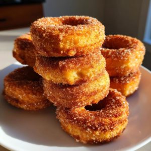 A stack of freshly made Apple Cider Donuts coated in cinnamon sugar.