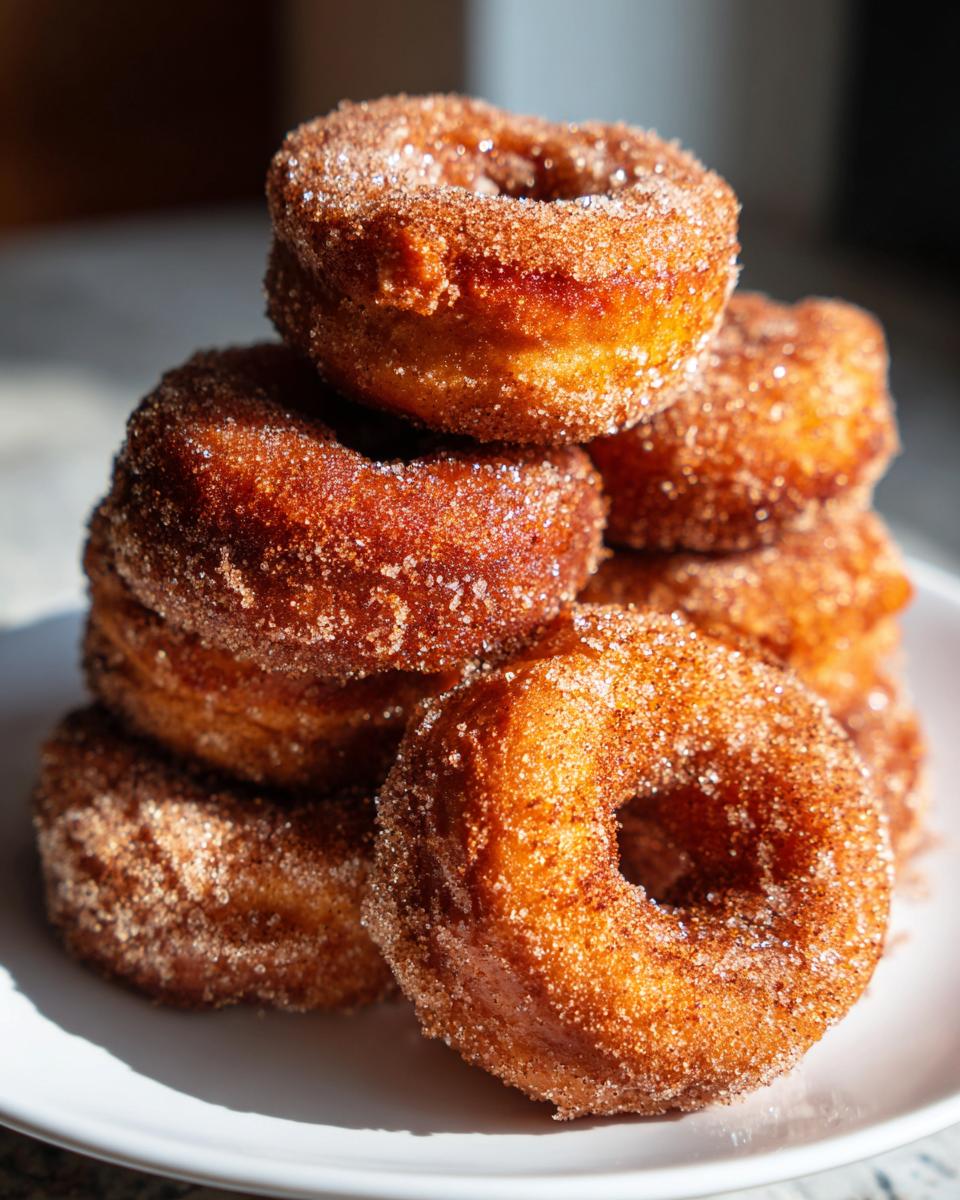 A close-up stack of freshly made Apple Cider Donuts coated in cinnamon sugar.