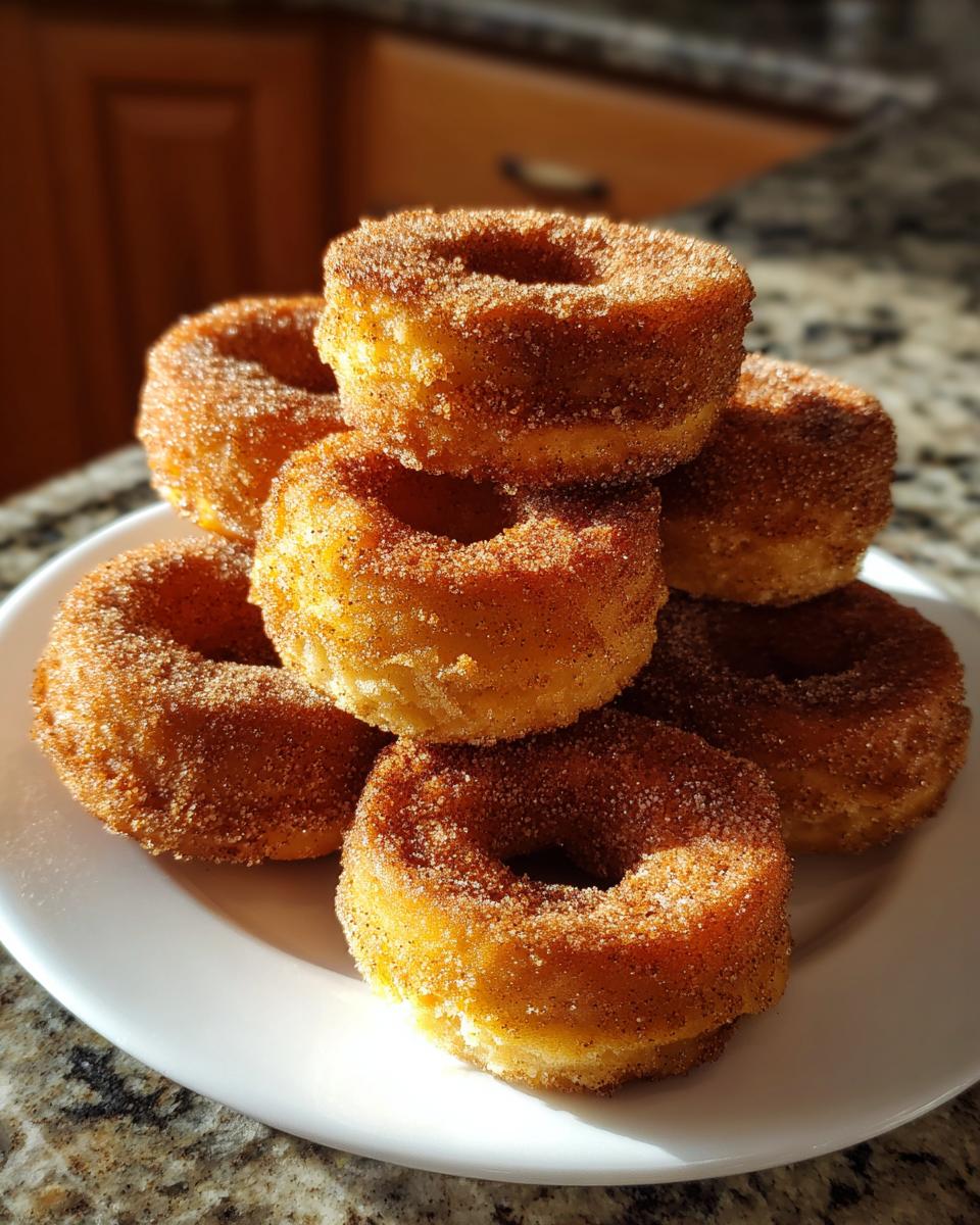 A stack of freshly made Apple Cider Donuts coated in cinnamon sugar, presented on a white plate.
