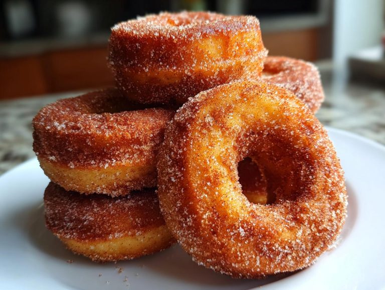 A close-up shot of a stack of freshly made Apple Cider Donuts, coated in cinnamon sugar.