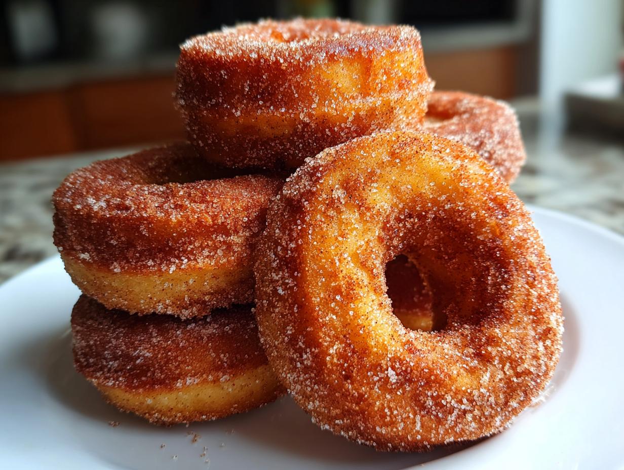 A close-up shot of a stack of freshly made Apple Cider Donuts, coated in cinnamon sugar.