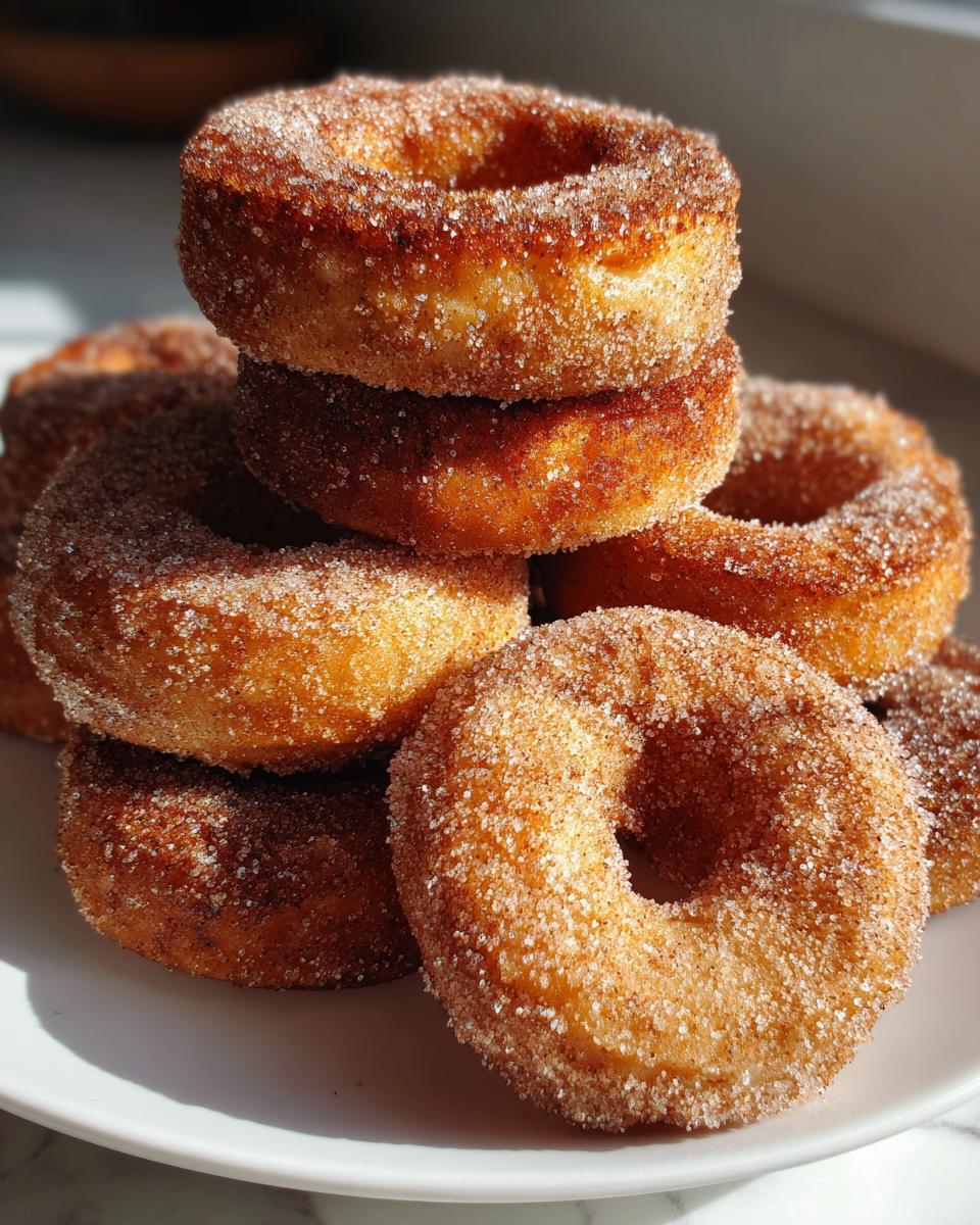 A close-up view of a stack of freshly made Apple Cider Donuts, coated in cinnamon sugar.