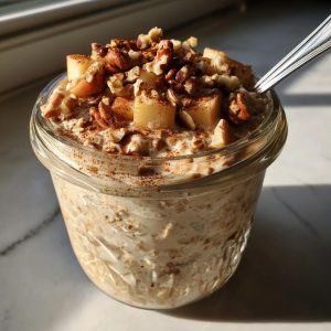 Jar of apple cinnamon overnight oats topped with diced apples, nuts, and cinnamon.