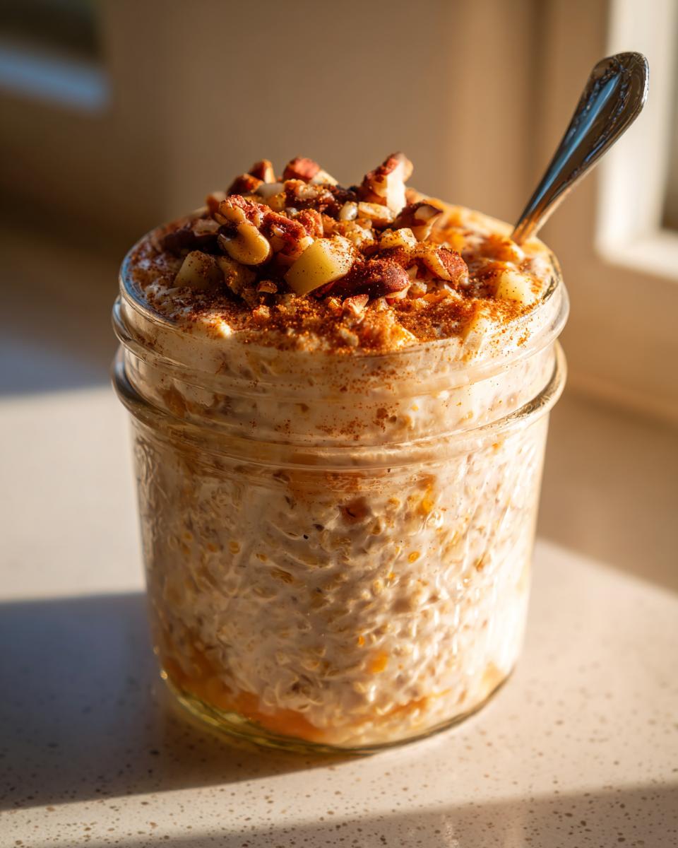 A glass jar filled with apple cinnamon overnight oats, topped with nuts and a spoon.