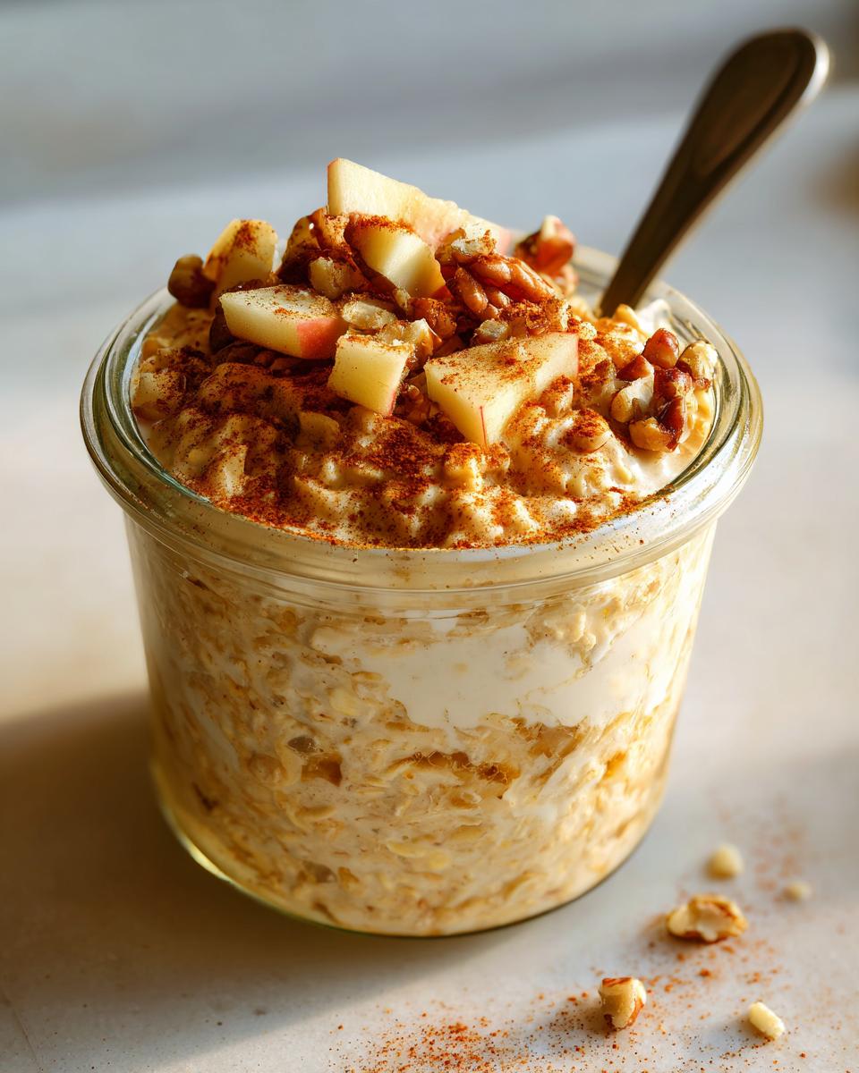 Jar of apple cinnamon overnight oats topped with diced apples, cinnamon, and nuts.