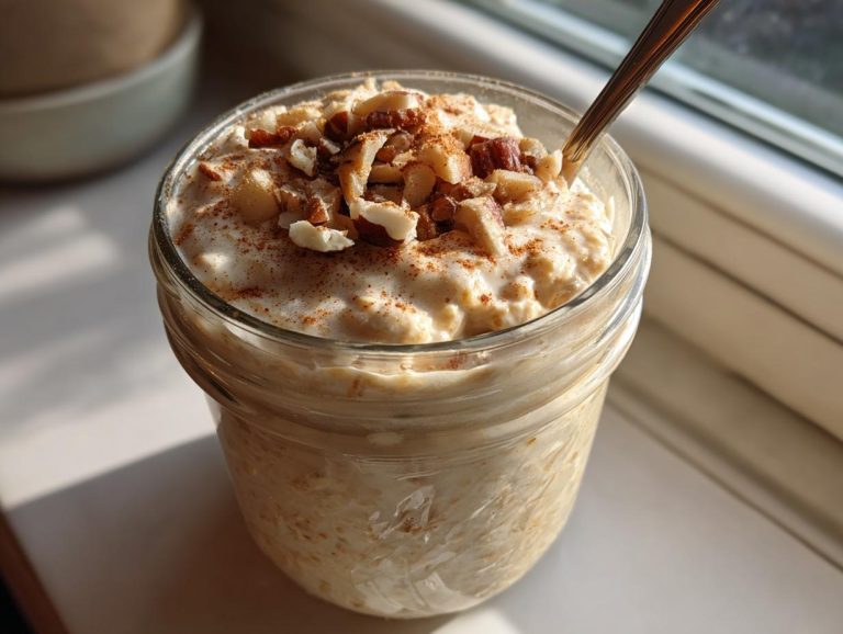 Jar of apple cinnamon overnight oats topped with nuts and cinnamon. Ready to eat!