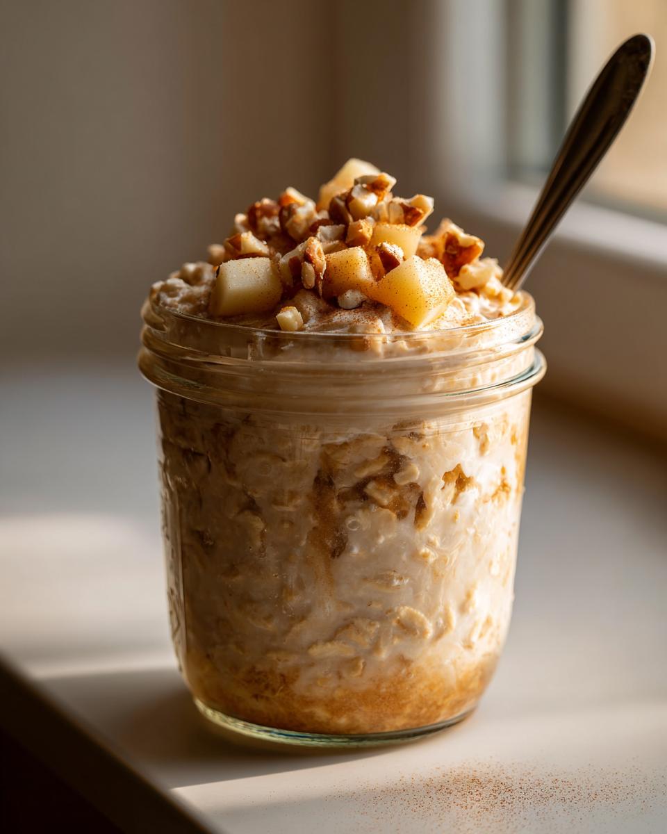 A mason jar filled with apple cinnamon overnight oats, topped with diced apples and nuts.