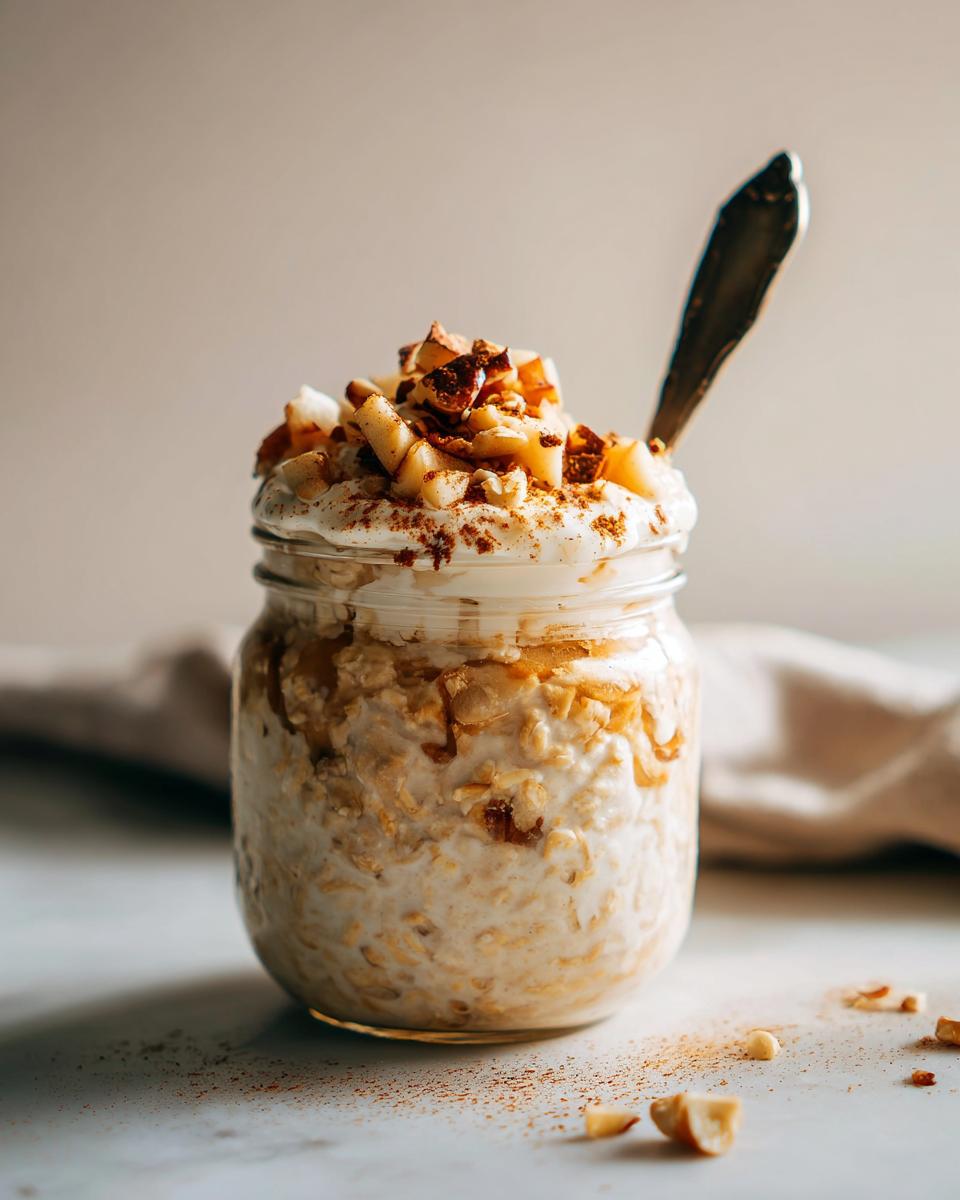 Jar of Apple cinnamon overnight oats topped with whipped cream, diced apples, and cinnamon.