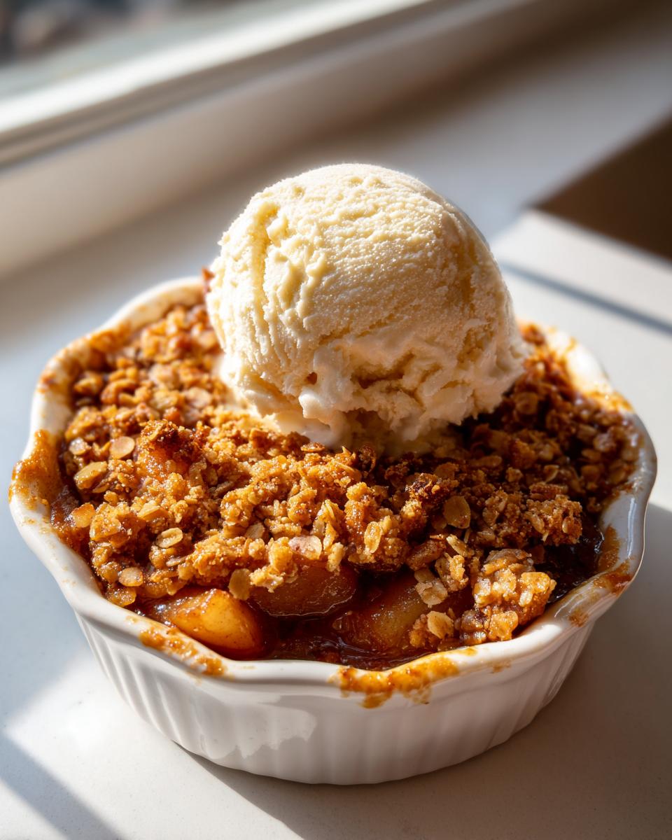 Close-up of a warm apple crumble in a white dish topped with a scoop of vanilla ice cream.