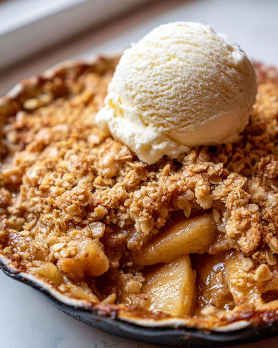 Close-up of a warm apple crumble topped with a scoop of vanilla ice cream, ready to eat.