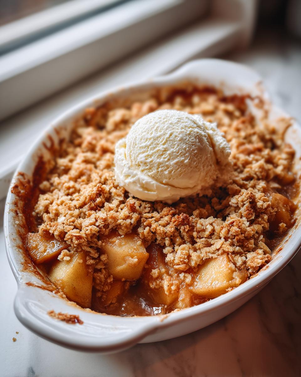 Close-up of a baked apple crumble in a white dish, topped with a scoop of vanilla ice cream.