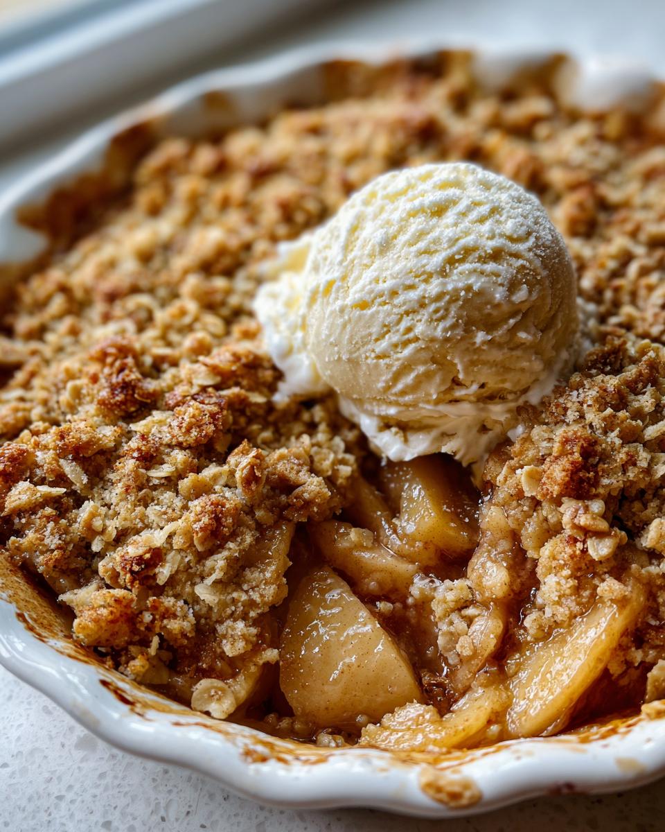 Close-up of a freshly baked apple crumble topped with a scoop of vanilla ice cream.
