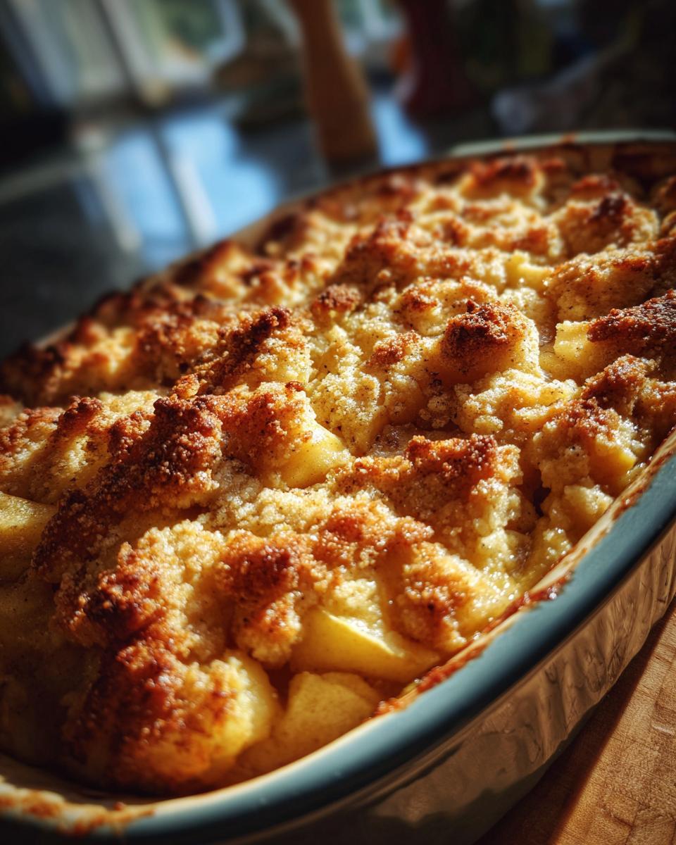 Close-up of a freshly baked apple pie dump cake in a rectangular baking dish, golden-brown topping.