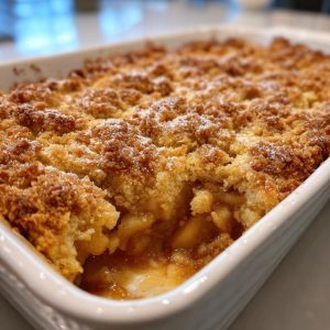 Close-up of a freshly baked apple pie dump cake in a white baking dish, showing the apple filling and crumbly topping.
